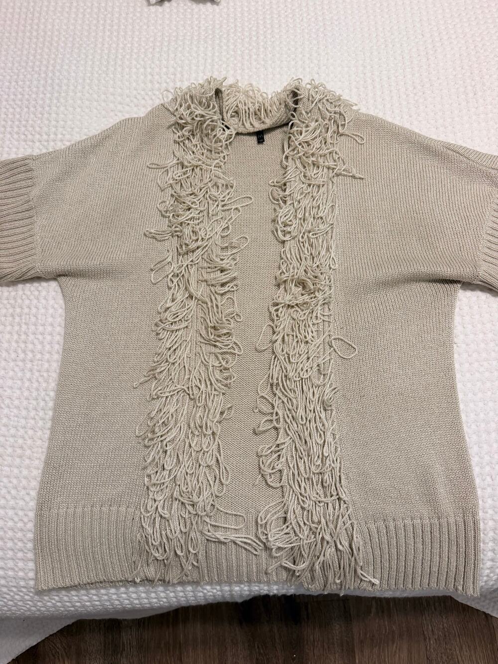 Women's tan fringe open-front knit cardigan sweater - Medium